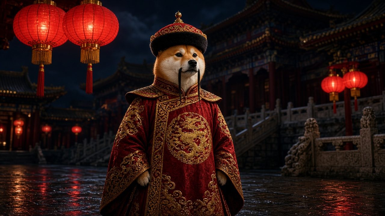 Chinese Inu among night lanterns