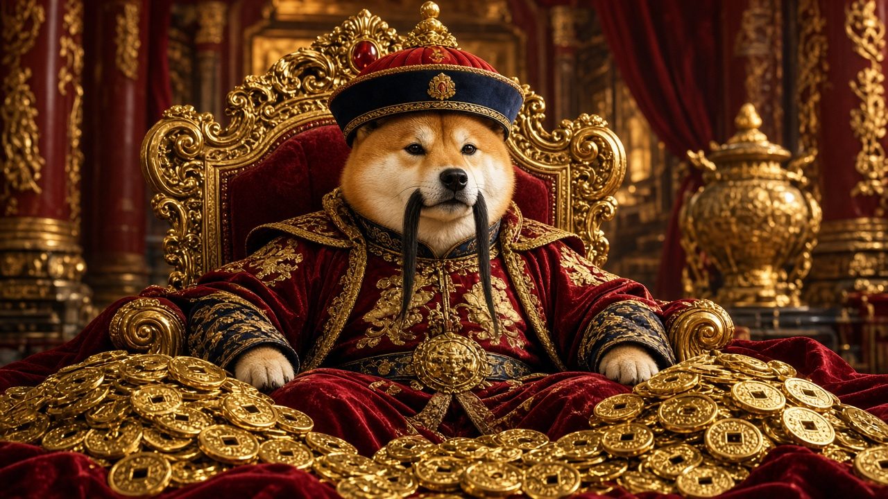 Chinese Inu on gold coins throne