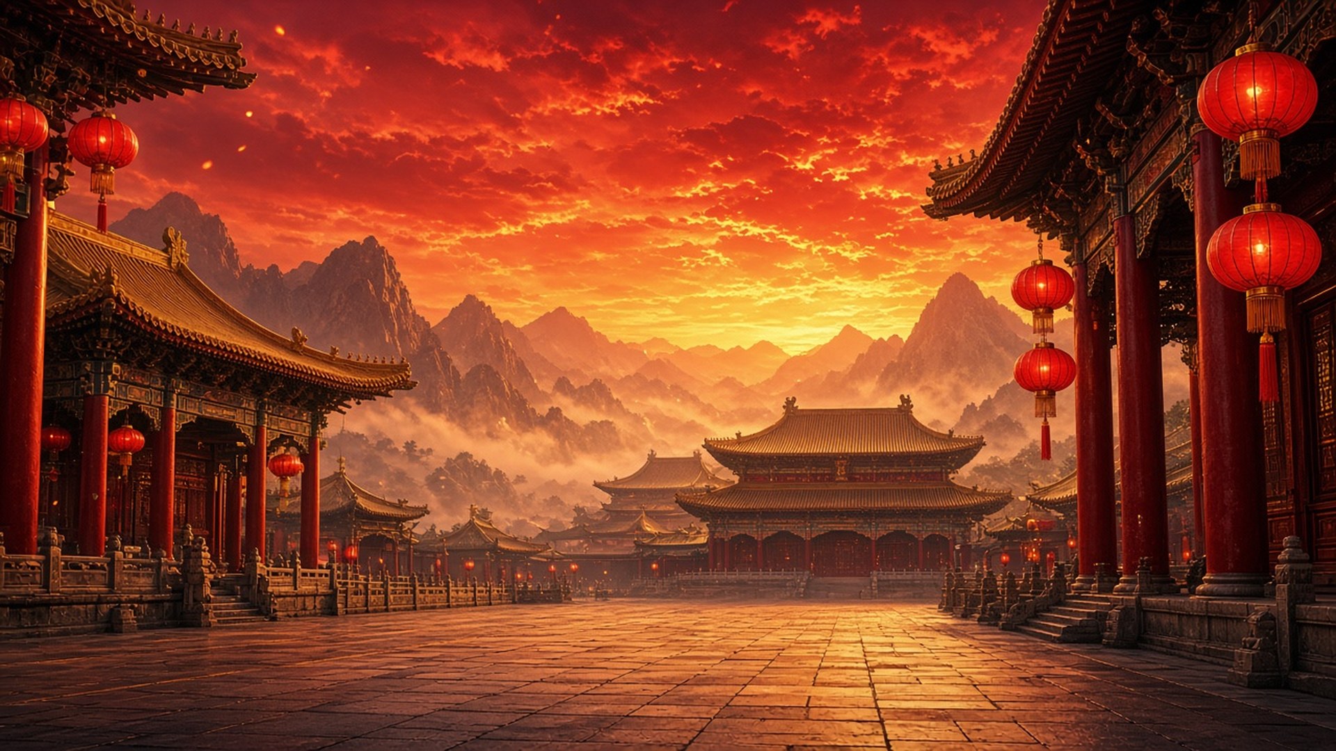Chinese palace courtyard with lanterns at golden hour
