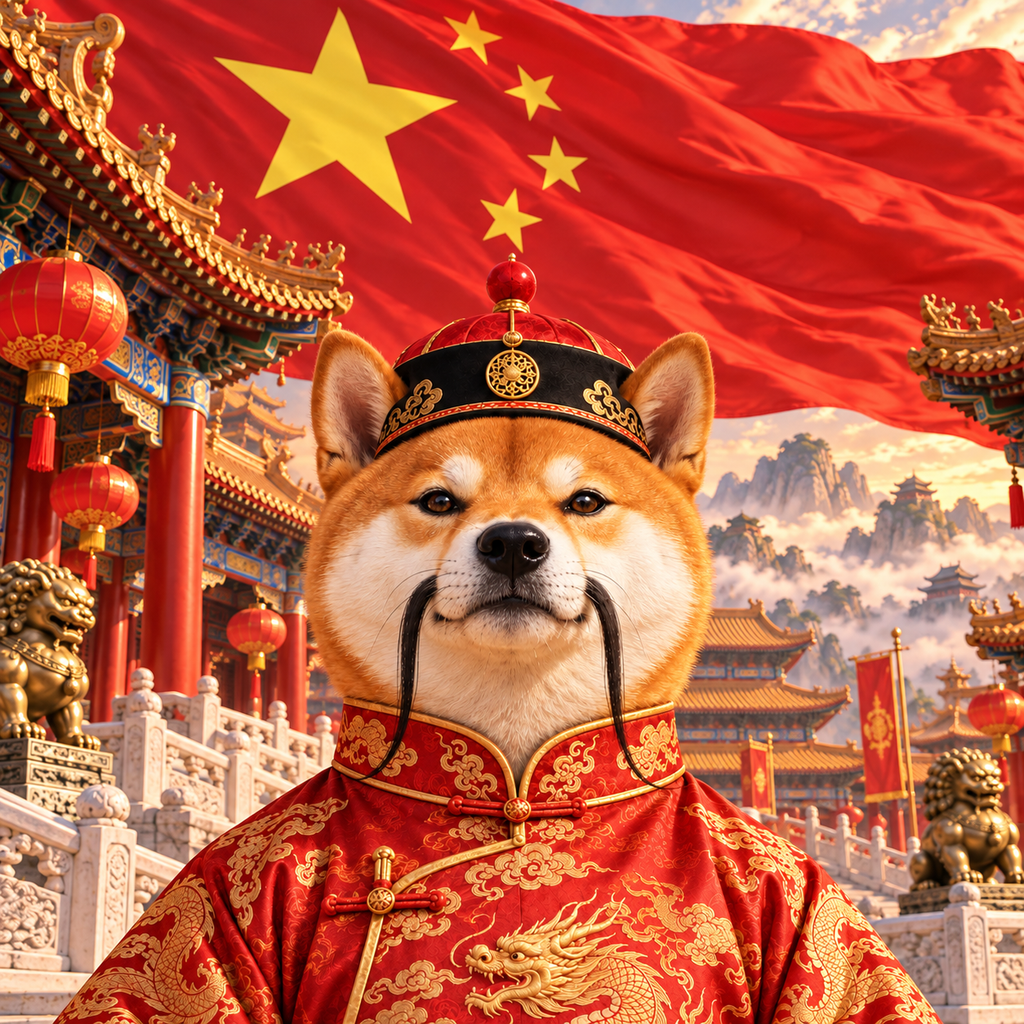 Chinese Inu mascot in Qing hat and red robe